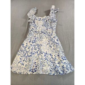 Francesca's Mi Ami Floral Dress Womens Small Blue White Ruffle Tie Mini